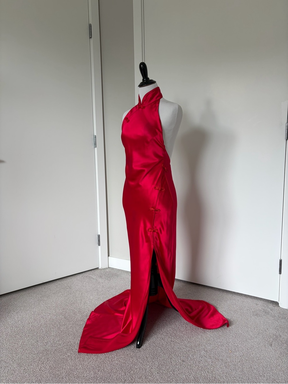 Sau Lee Michelle Gown Red Satin Halter Maxi Dress